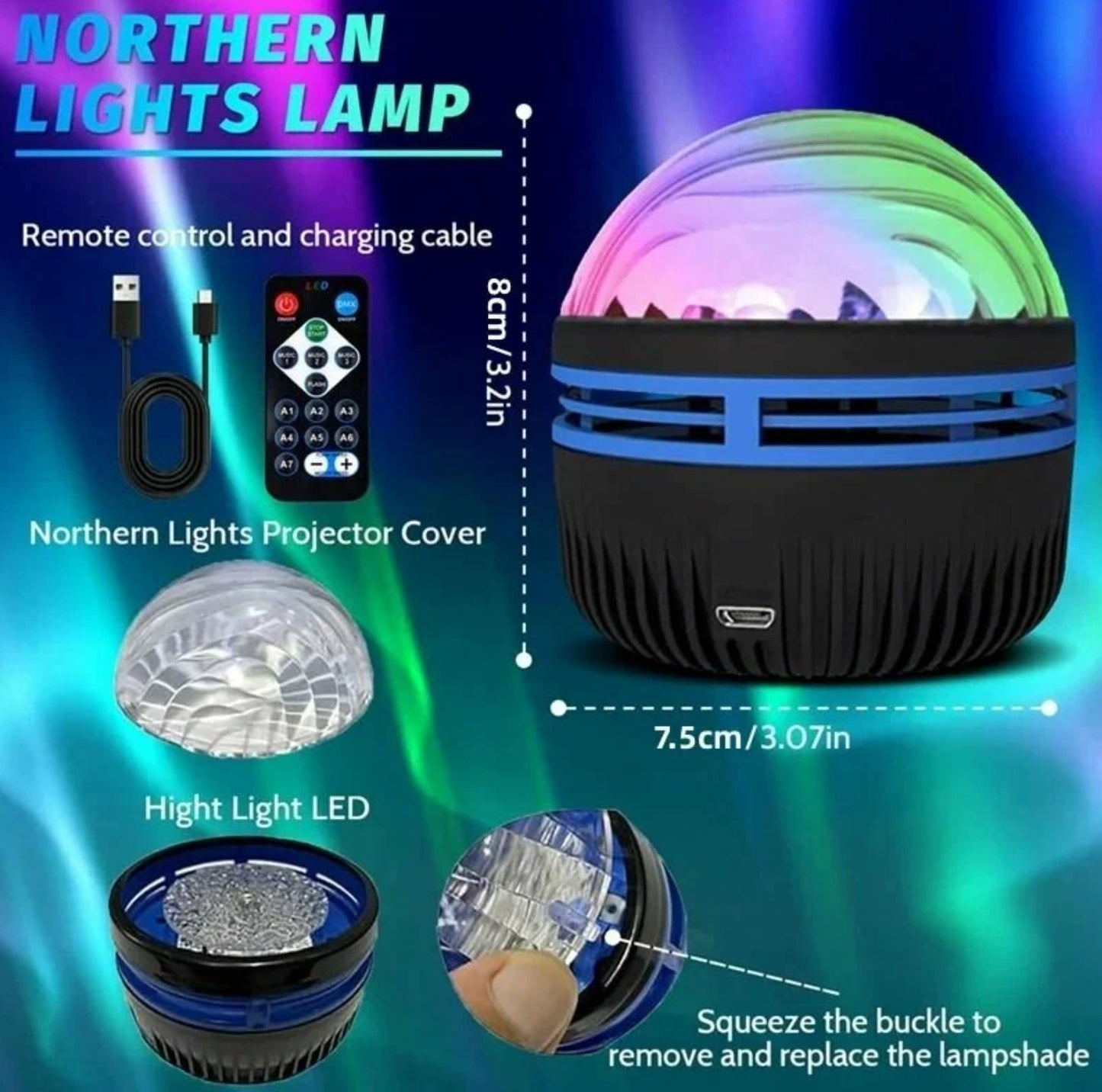 USB Galaxy Projector Aurora 5V | Night Light 360°Rotating |  Colorful NightLights with Remote Control