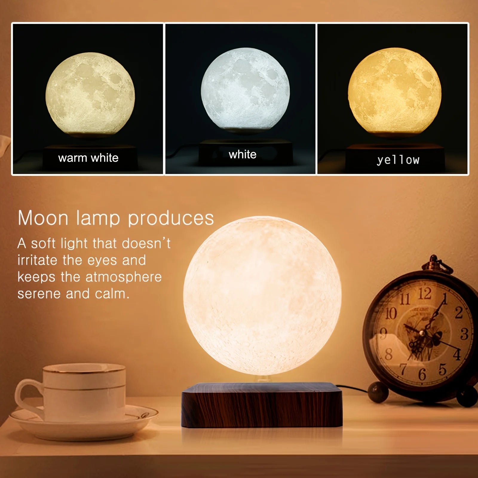Magnetic Rotating Moon Lamp with Wooden Base | 3 - Color LED Night Lights - CasaBloom