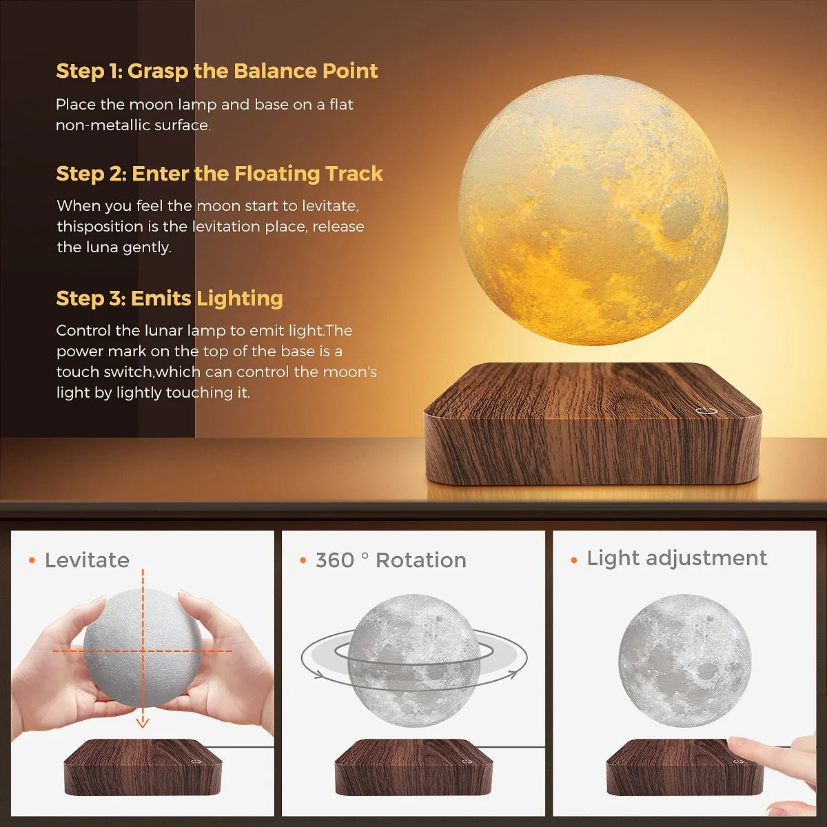 Magnetic Rotating Moon Lamp with Wooden Base | 3 - Color LED Night Lights - CasaBloom