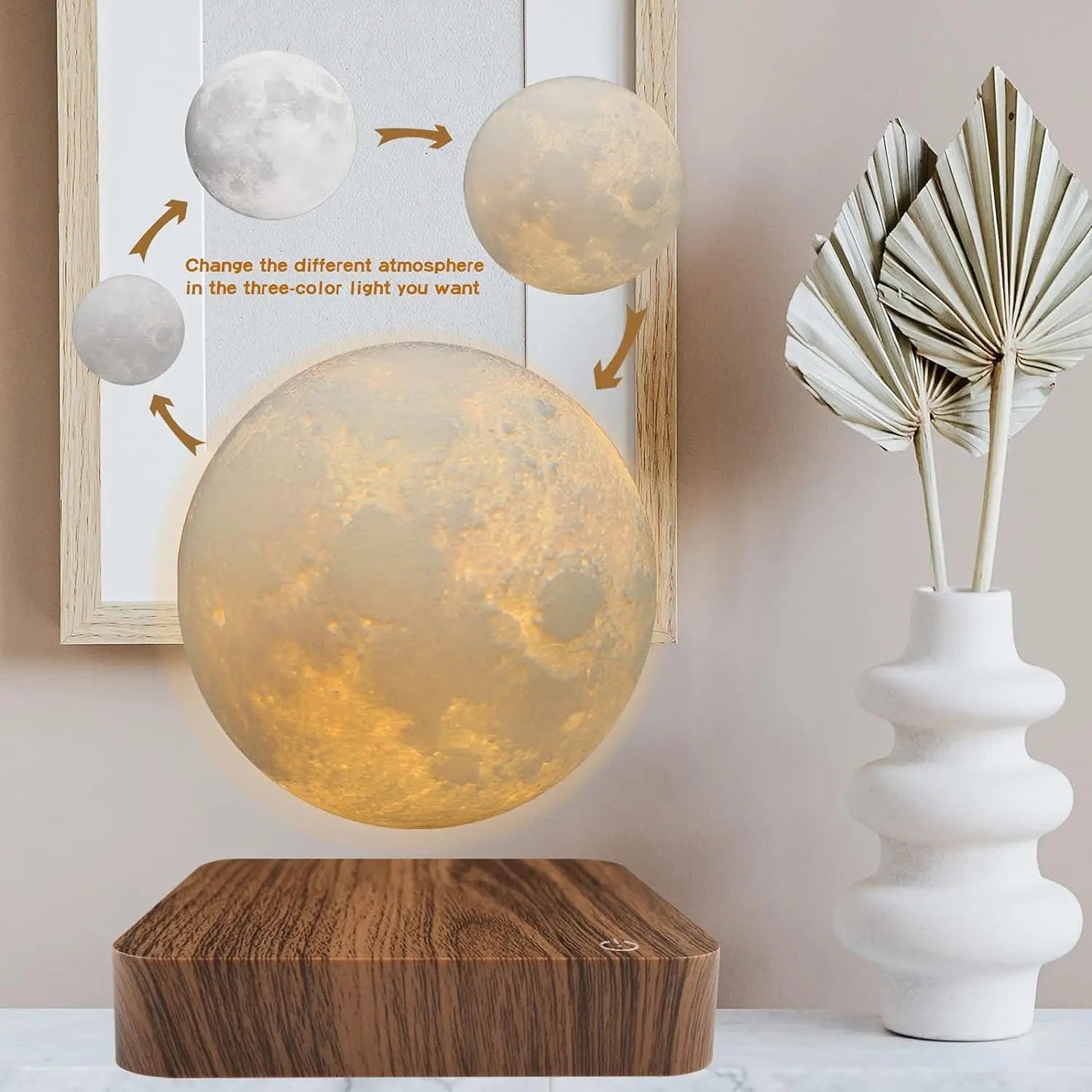 Magnetic Rotating Moon Lamp with Wooden Base | 3 - Color LED Night Lights - CasaBloom